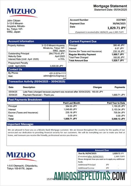 para download Modelo Word e PDF de extrato de hipoteca do Banco Mizuho do Japão